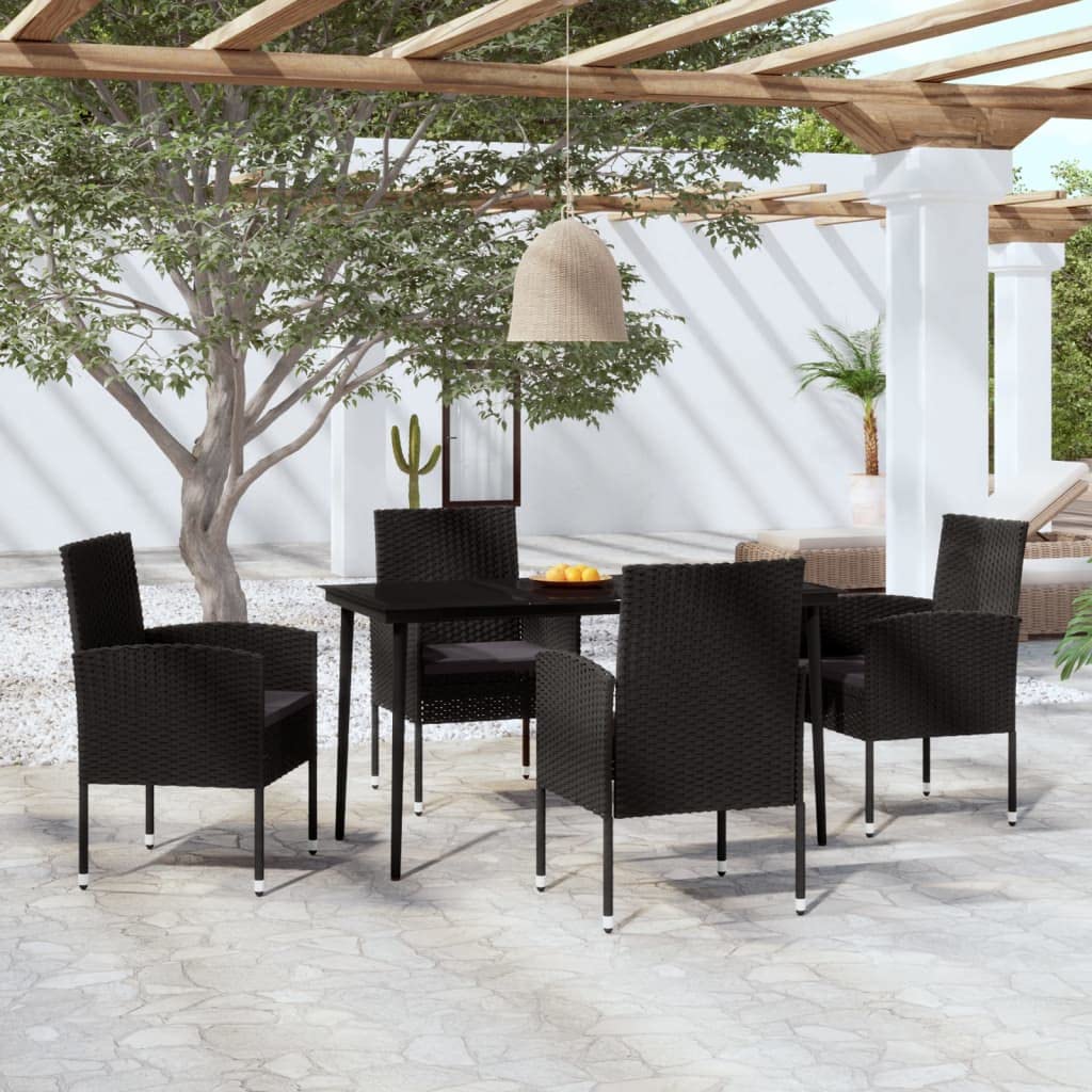 vidaXL 5-Piece Patio Dining Set in Black with PE Rattan Chairs and Glass Top Table, Ideal for Outdoor, Garden, Yard, Poolside