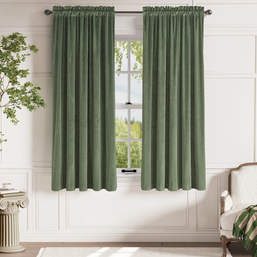 Lazzzy Velvet Green Curtains Room Darkening 72 Inches Long Thermal Insulated Drapes For Bedroom Living Window Treatments Rod Pocket 2 Panels Sage Green