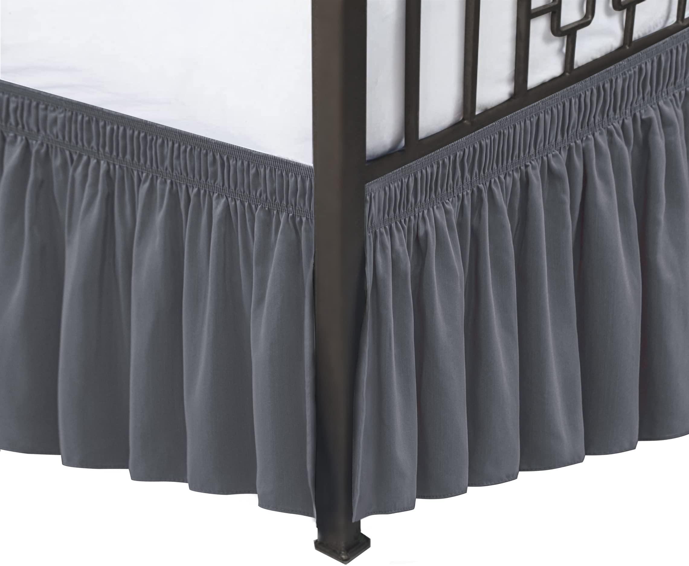 Biscaynebay Wrap Around Bed Skirts With Split Corners For Queen Beds 16' Drop, Dark Grey Elastic Dust Ruffles Easy Fit Wrinkle