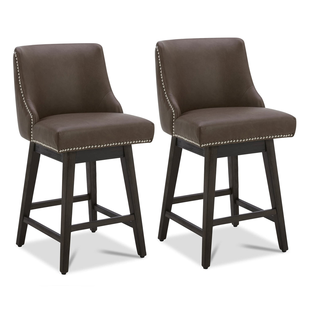 Chita Counter Height Swivel Barstools, Fsc Certified 26' H Seat Height Upholstered Bar Stools Set Of 2, Faux Leather In Chocolate