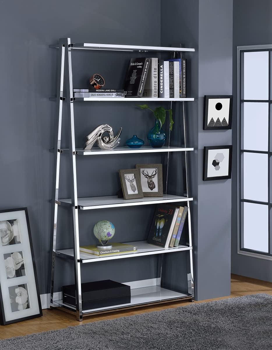 acme 92455 2 Piece Coleen Bookshelf - White High Gloss & Chrome, 71 x 36 x 16 in.