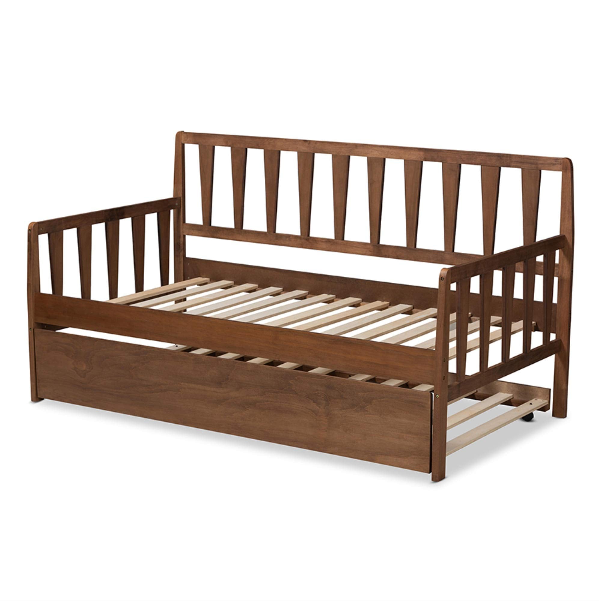 Baxton Studio Midori Modern and Contemporary Transitional Walnut Brown Finished Wood Twin Size Daybed with Roll-Out Trundle Bed
