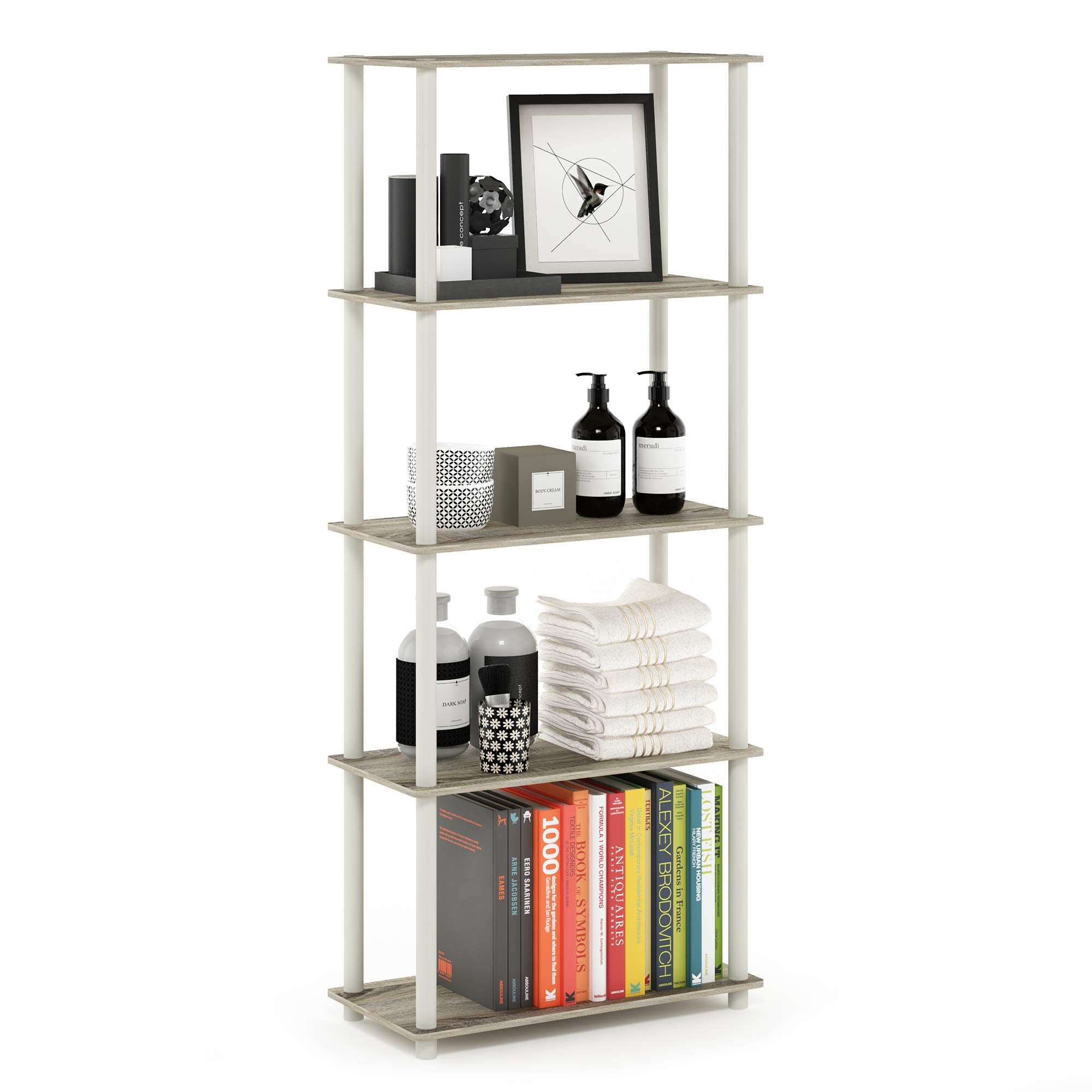 Furinno Turn-N-Tube 5-Tier Multipurpose Shelf / Display Rack / Storage Shelf / Bookshelf, Round Tubes, Sonoma Oak/White