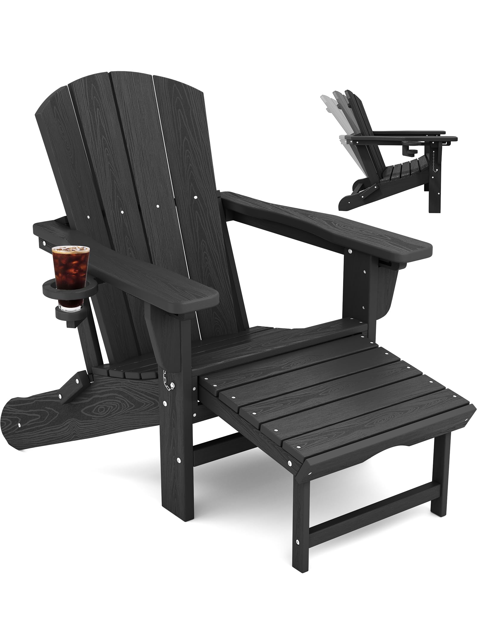 Kingyes Folding Adjustable Adirondack Chair With Retractable Ottoman, Black