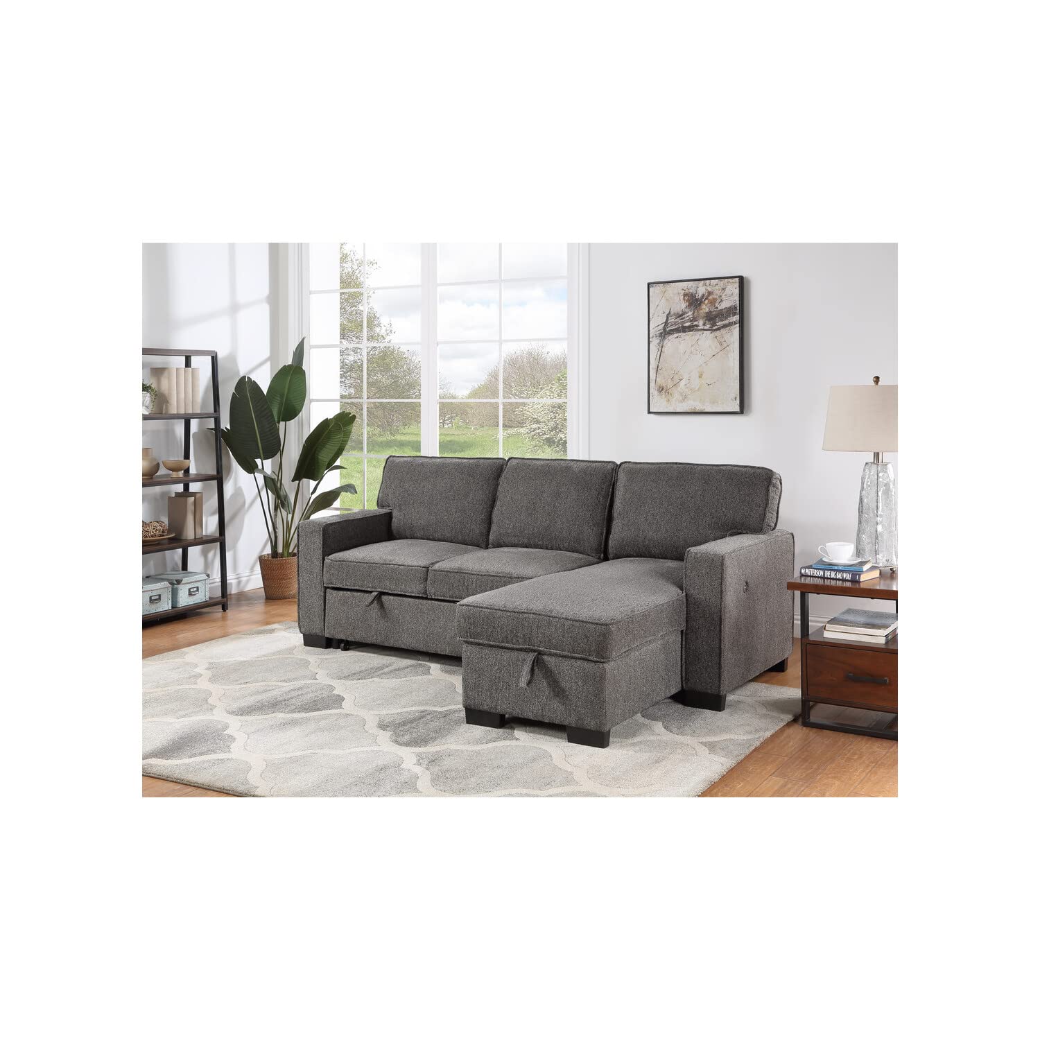 Lilola Home Estelle Fabric Sofa Reversible Storage Chaise Pull-Out Sleeper with Drop-Down Table 2 Cup Holders and 4 USB Ports