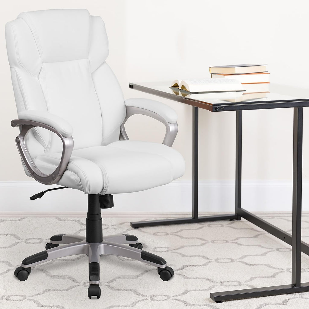 Flash Furniture Carolyn Mid-Back White Leathersoft Executive Swivel Office Chair With Padded Arms