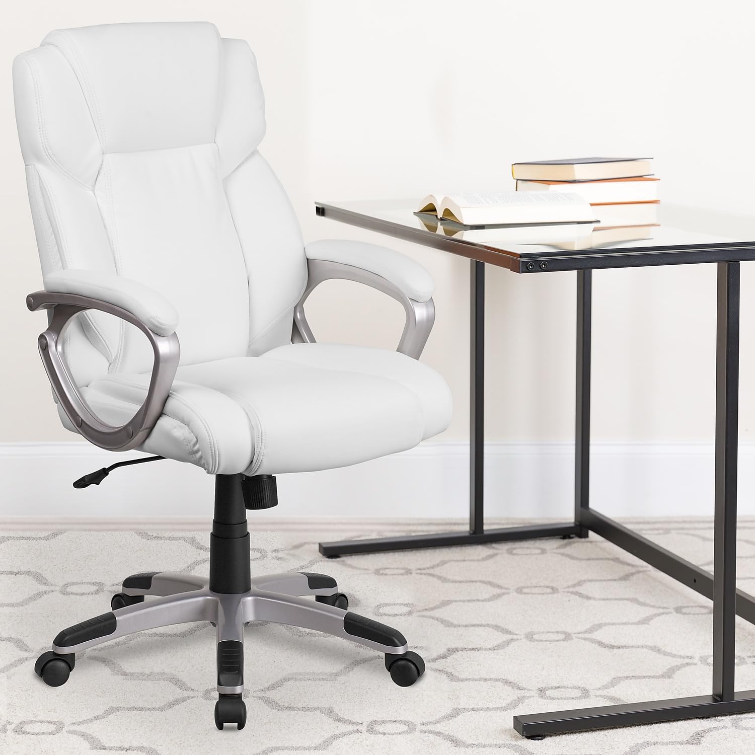 Flash Furniture Carolyn Mid-Back White Leathersoft Executive Swivel Office Chair With Padded Arms