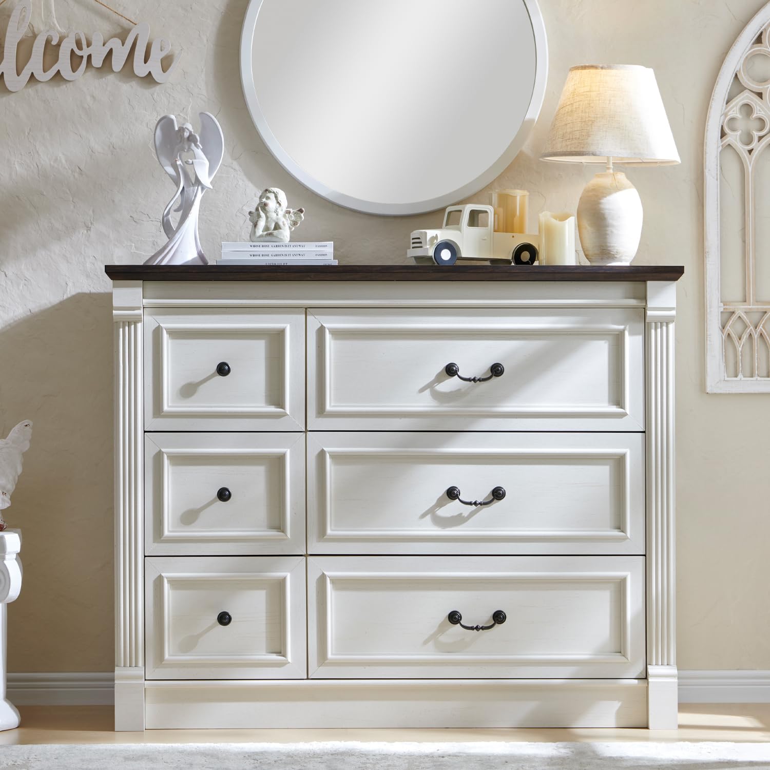 Aitjunz 6 Drawers Dresser For Bedroom, Farmhouse 47.8'' Wide Dressers & Chests Of Drawers W/Roman Column, Wood Rustic Closet Dre
