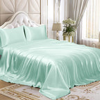 Homiest 4Pcs Satin Sheets Set Luxury Silky Satin Bedding Set With Deep Pocket, 1 Fitted Sheet + 1 Flat Sheet + 2 Pillowcases (King Size, Mint Green)