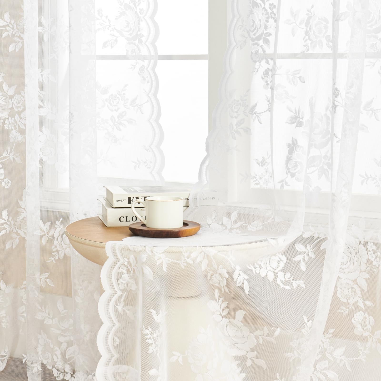 Seekright White Lace Curtains 90 Inches Long 2 Panels Victorian Floral Sheer Curtains For Living Room Bedroom Rod Pocket Light F
