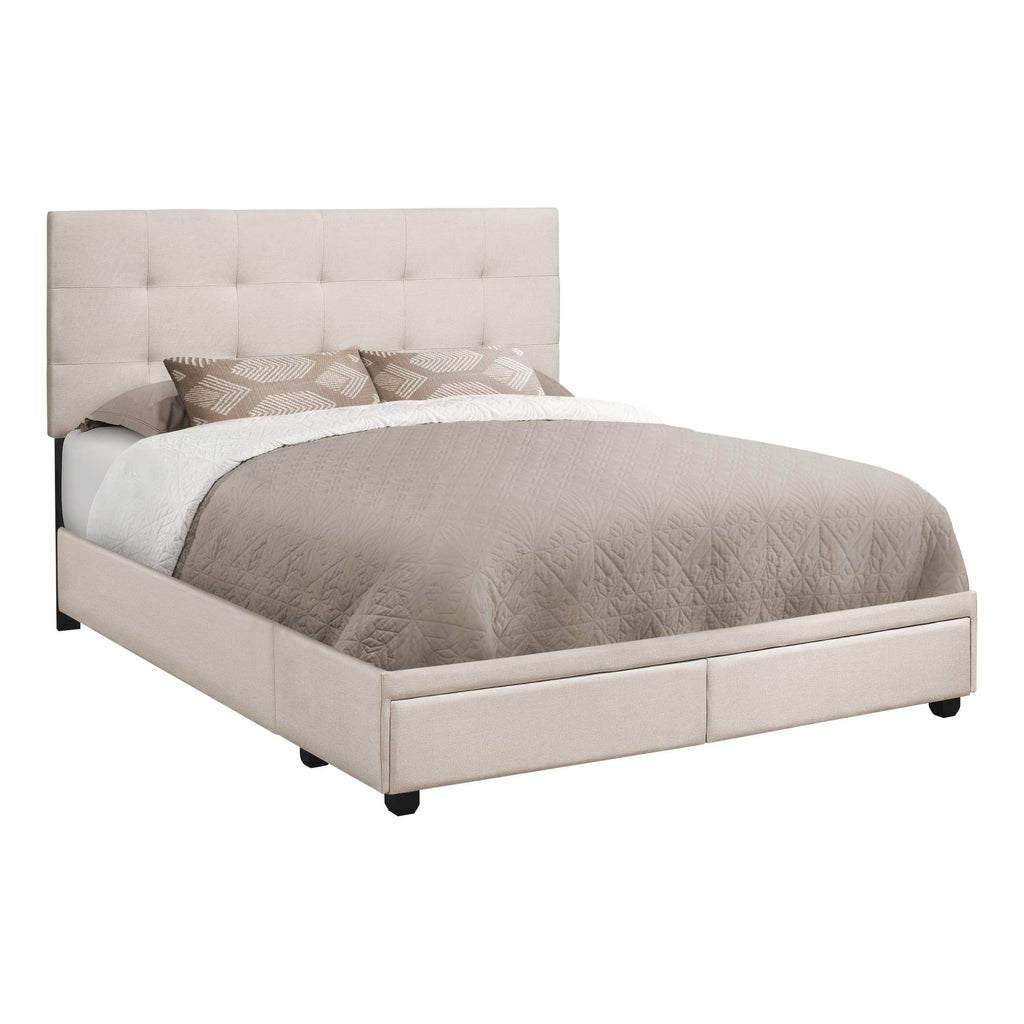 Monarch Specialties I 6021Q Bed, Queen Size, Platform, Bedroom, Frame, Upholstered, Linen Look, Wood Legs, Beige, Black, Transitional