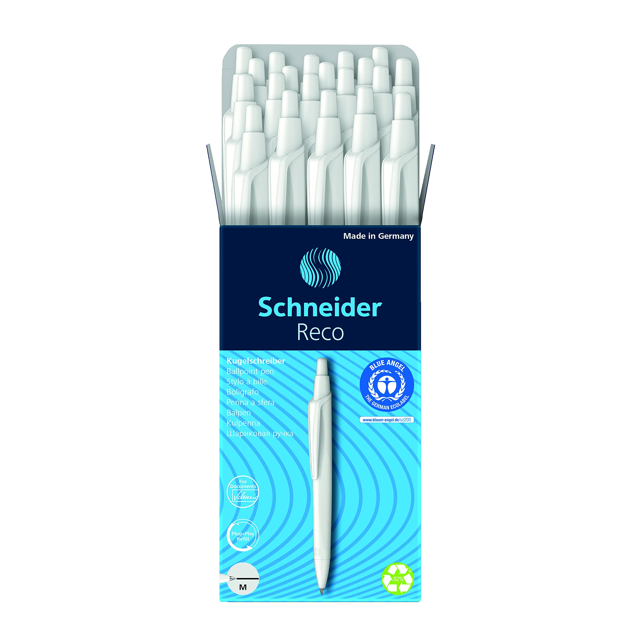 Schneider Reco Ballpoint Pen, M (Medium), Refillable And Retractable, White Barrel, Box Of 20 Pens, Black Ink (131849)