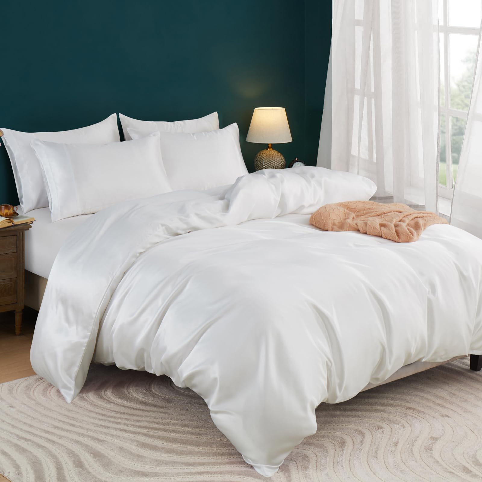 Horbaunal 5 Pieces Satin Duvet Cover Set Queen/Full Size White Duvet Cover With Corner Ties & Zipper Closure, Luxury & Silky Bed