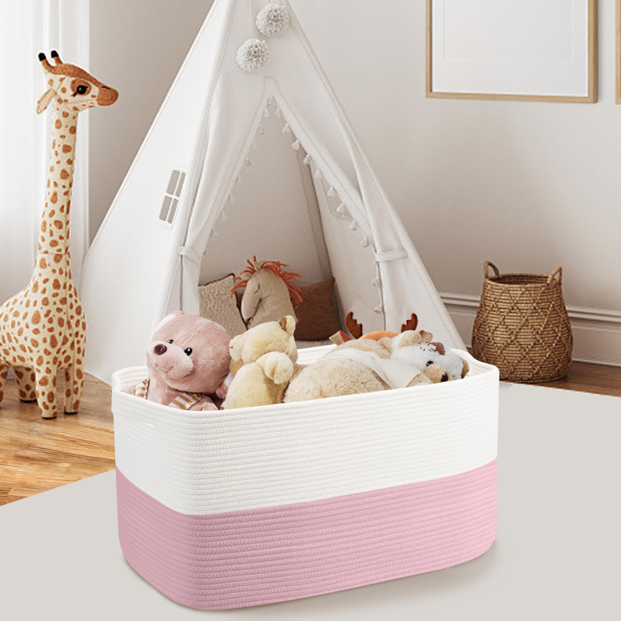 Megasket Xxxl Pink Storage Basket, 23.6' X 15.7' X 14.1' Rectangle Cotton Rope Basket, Extra Large Blanket Basket, Kids Toy B