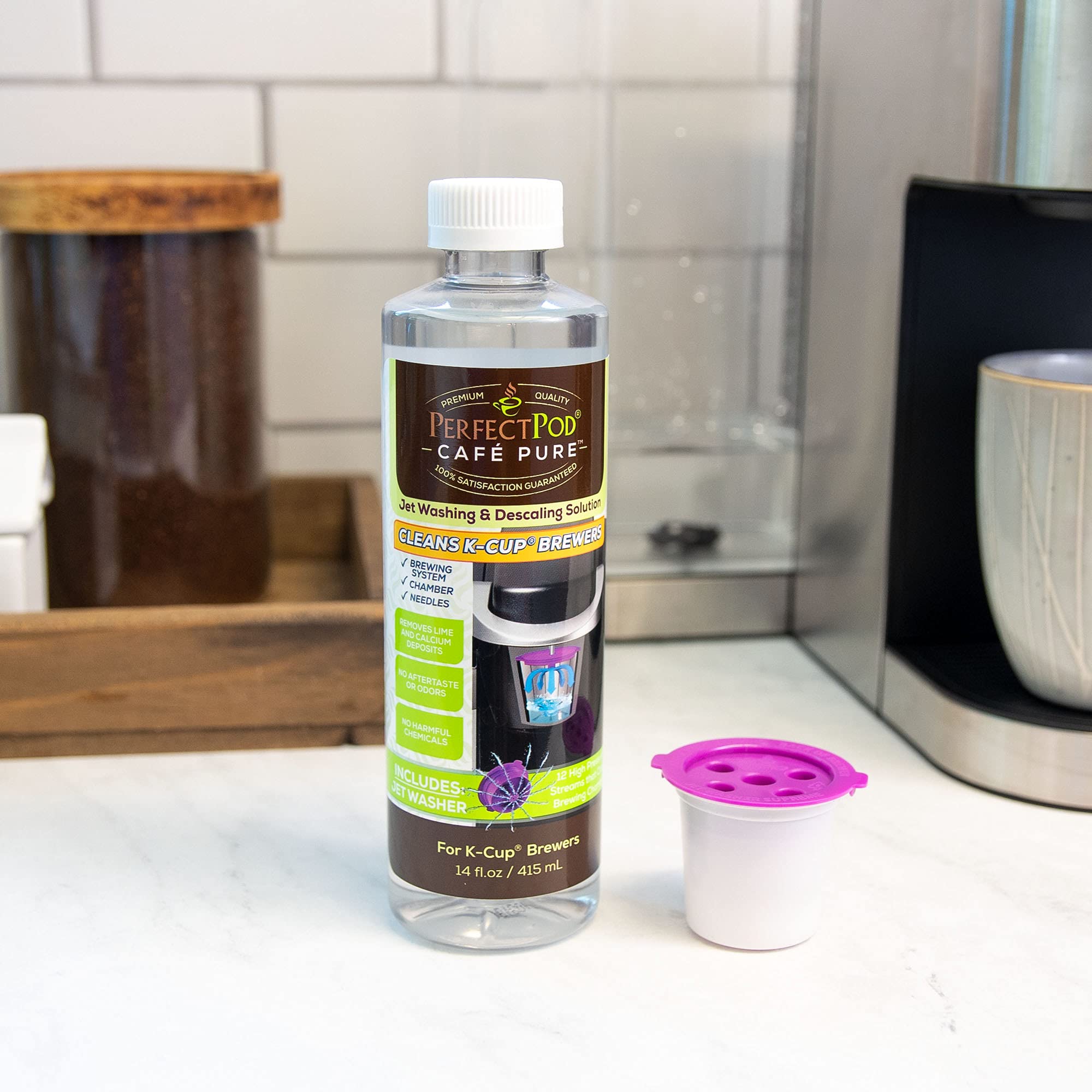 Perfect Pod Cafe Pure Descaling Solution Cleaning Kit With Jet Washer - Compatible With Keurig Coffee Makers, 14 Fl Oz Bottle