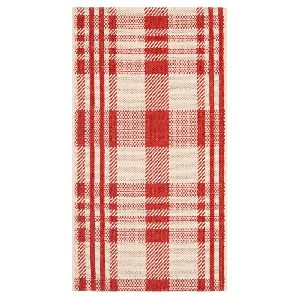 SAFAVIEH Courtyard Collection Accent Rug - 4 x 57, Red & Bone, Plaid Design, Non-Shedding & Easy Care, Indoor/Outdoor & Washab