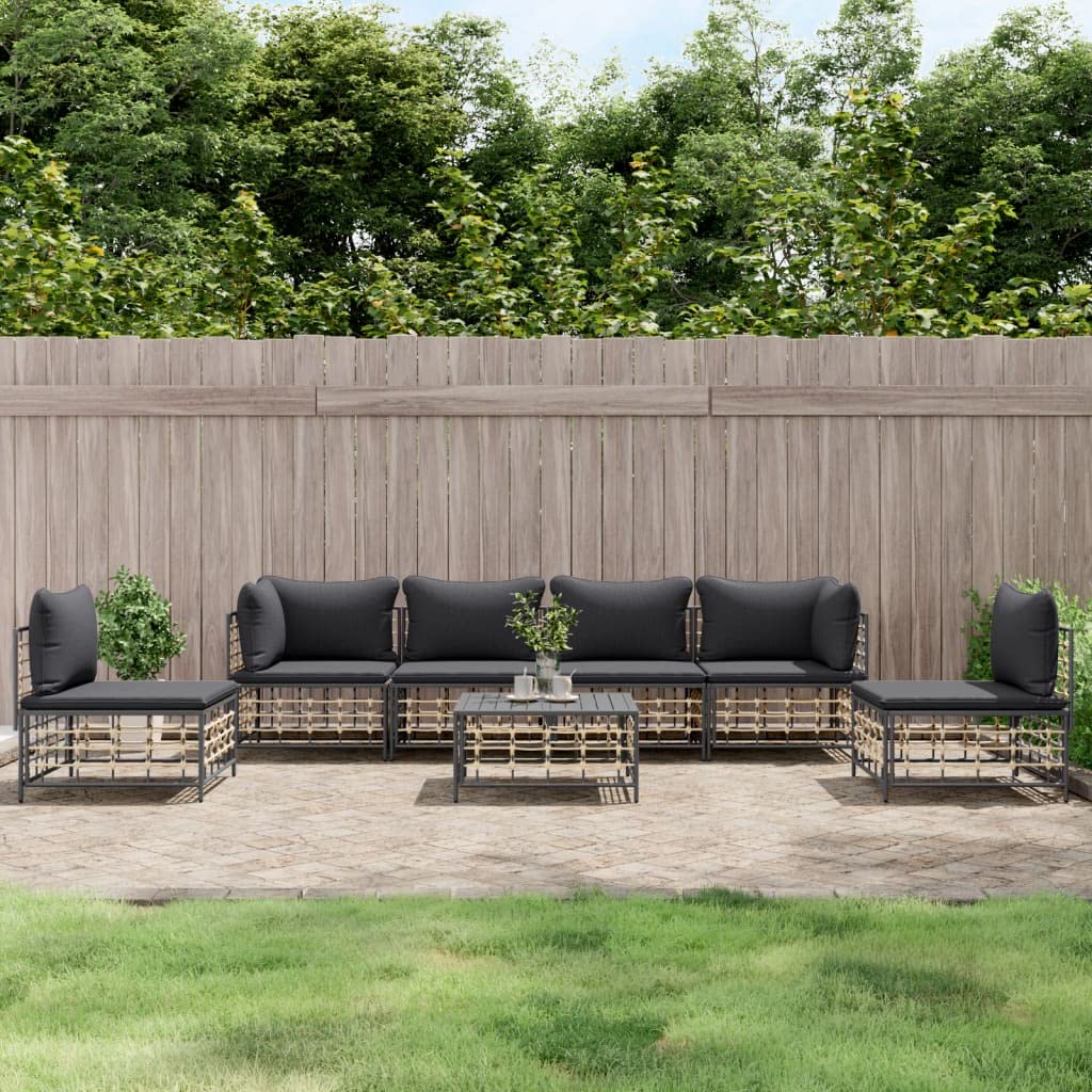 vidaXL 7 Piece Outdoor Patio Lounge Set with Cushions - Modular, Weather-Resistant Poly Rattan, Sturdy Steel Frame, Comfortable Cushioned Seating, Anthracite Color