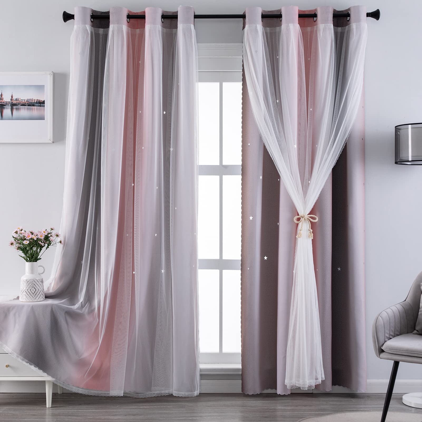 Indistar Cutout Blackout Window Curtains For Girls Kids Bedroom Double Layer Star Cut Out Gradient Stripe Curtains, 1 Panel (Pin