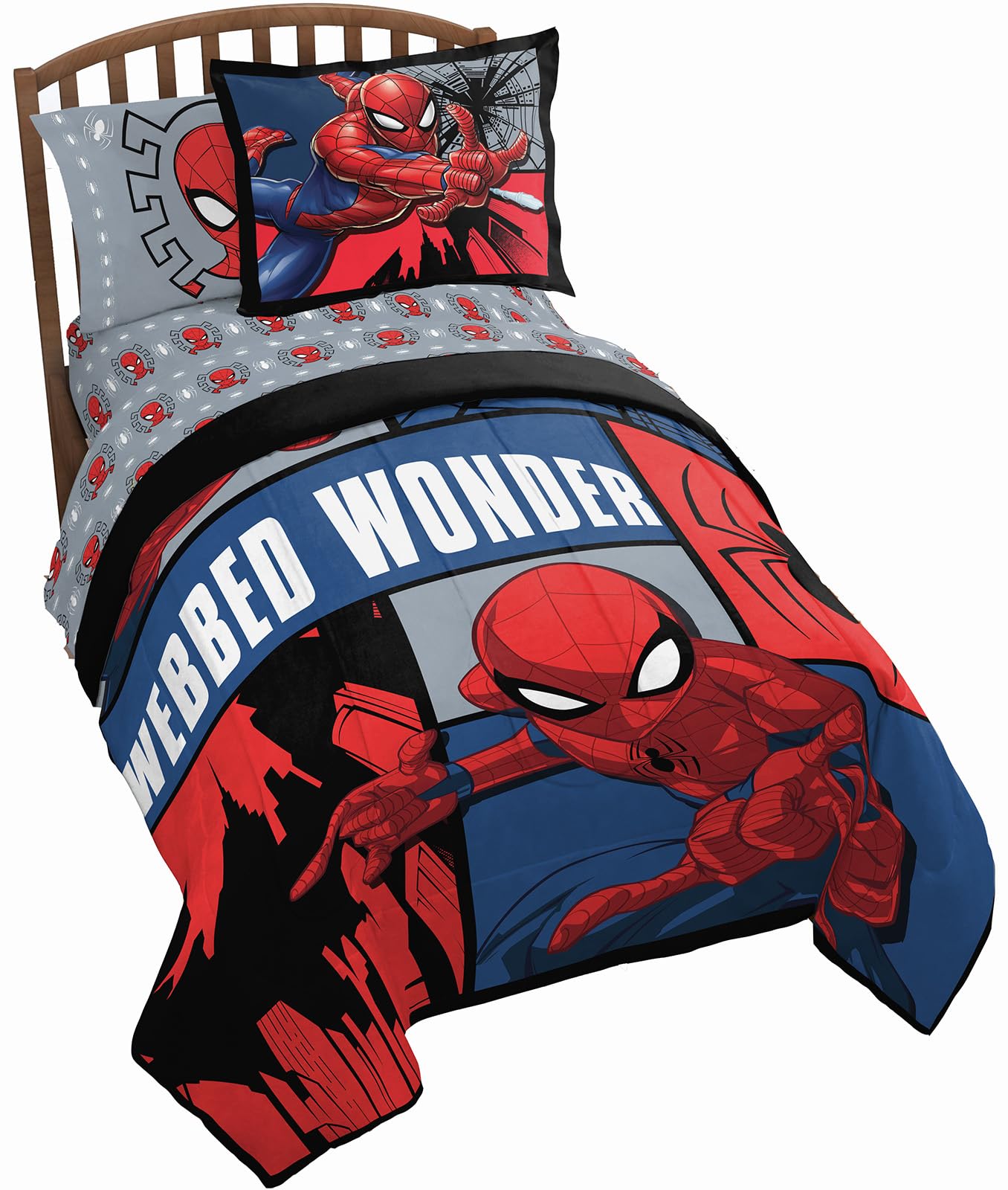 Jay Franco Marvel Spiderman Webbed Wonder 5 Piece Twin Bed Set - Includes Comforter & Sheet Set - Bedding Features Spiderman - S