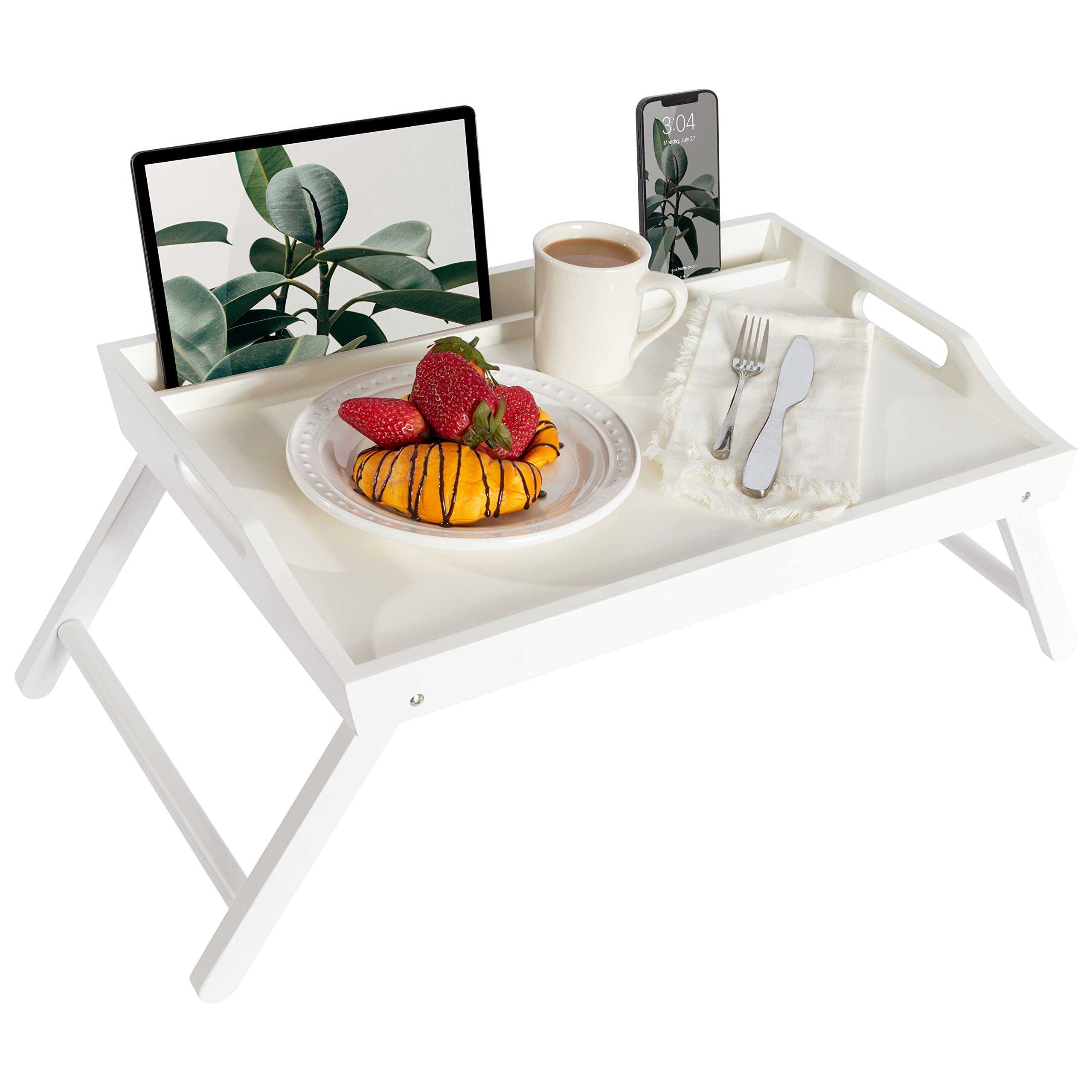 Rossie Home Wood Bed Tray, Lap Desk With Phone Holder - Fits Up To 17.3 Inch Laptops And Most Tablets - Soft White - Style No. 7