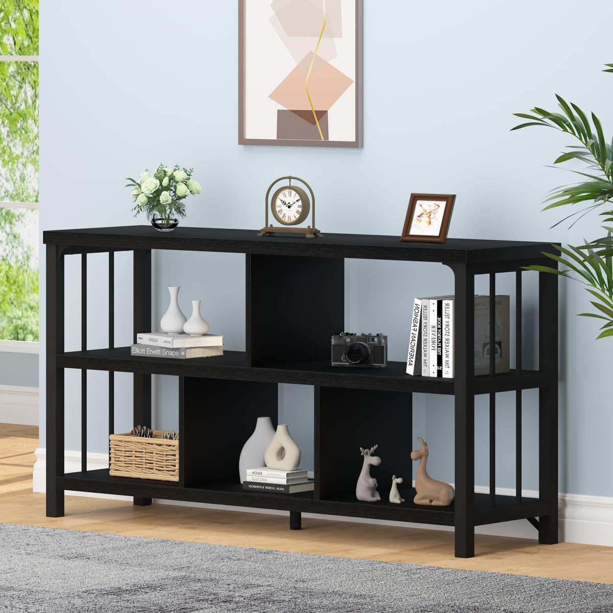 IBF Horizontal Cube Book shelf, Industrial Modern Open Bookshelf, Low Wide Home 5 Cube Storage Organizer Long Shelf for Bedroom,