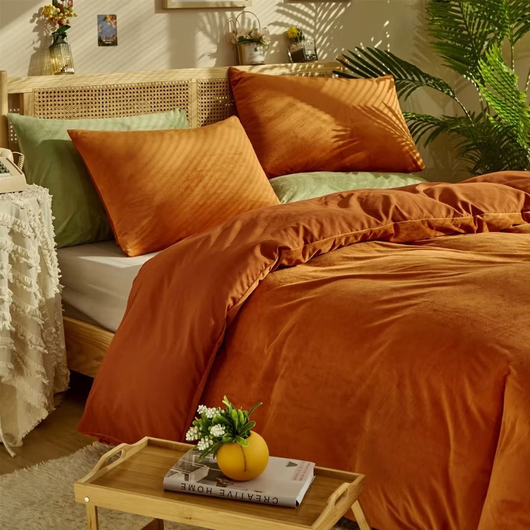 CLOTHKNOW Burnt Orange Velvet California King Comforter Set - Soft Fluffy Terracotta Bed Cover for Ultimate Comfort