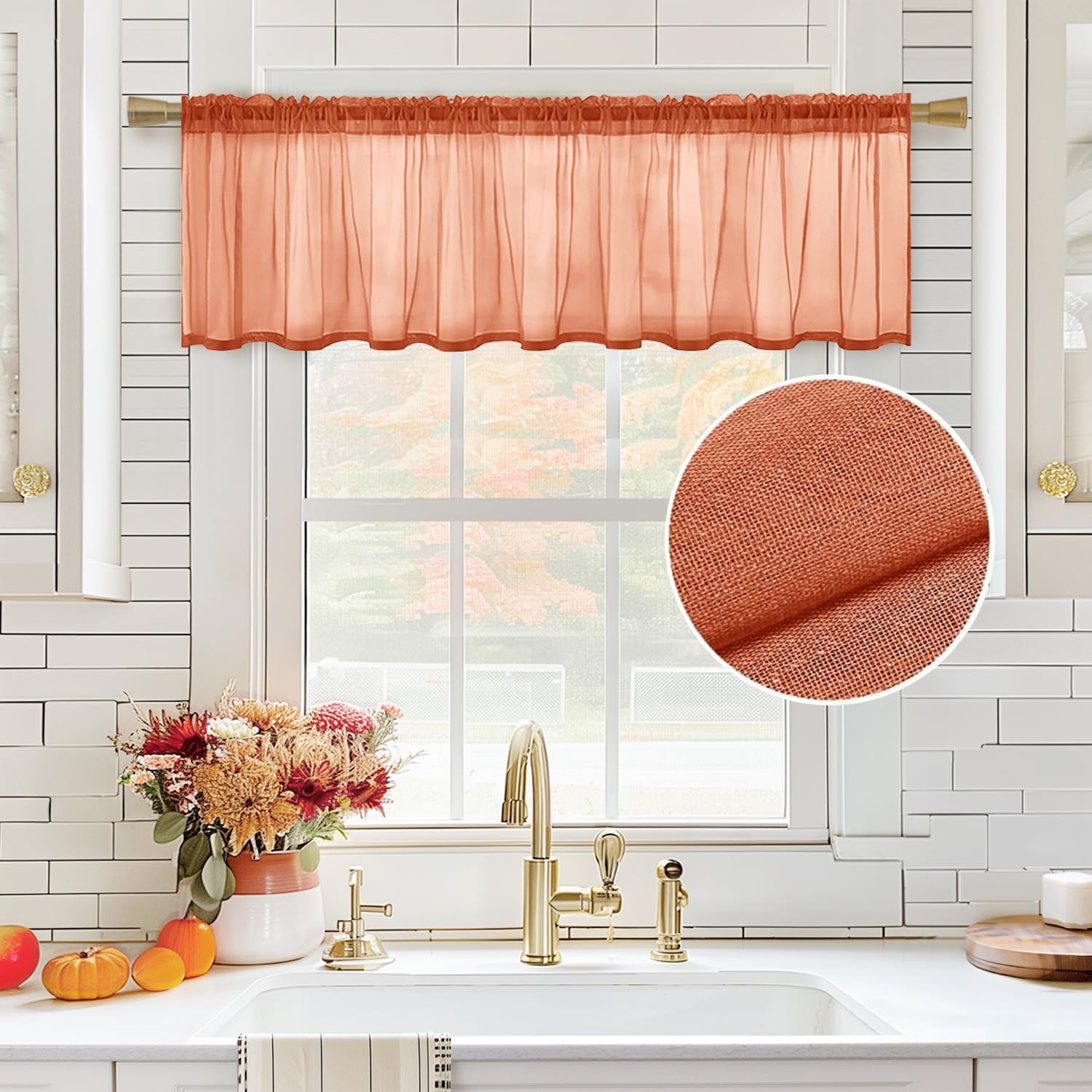 MIULEE Burnt Orange Sheer Valance Linen Textured Look Half Window Curtain, Farmhouse Small Drape for Kitchen Cafe Living Room Ro
