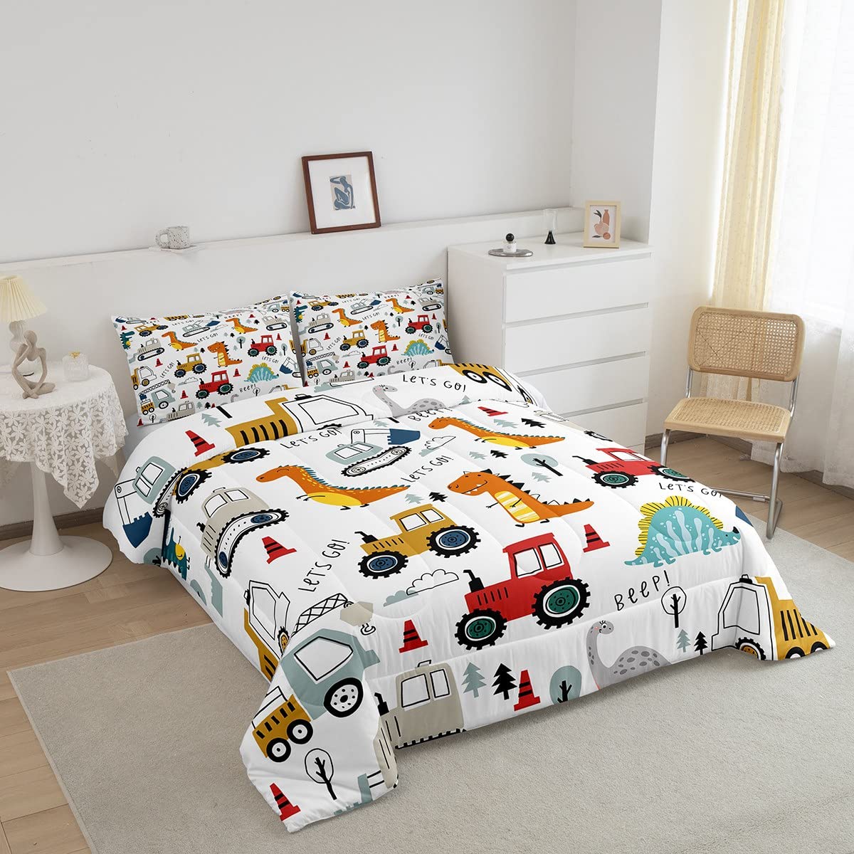 Feelyou Construction Comforter Set Kids Cartoon Dinosaur Comforter Cover Set For Boys Equipment Trucks Bedding Set Construction