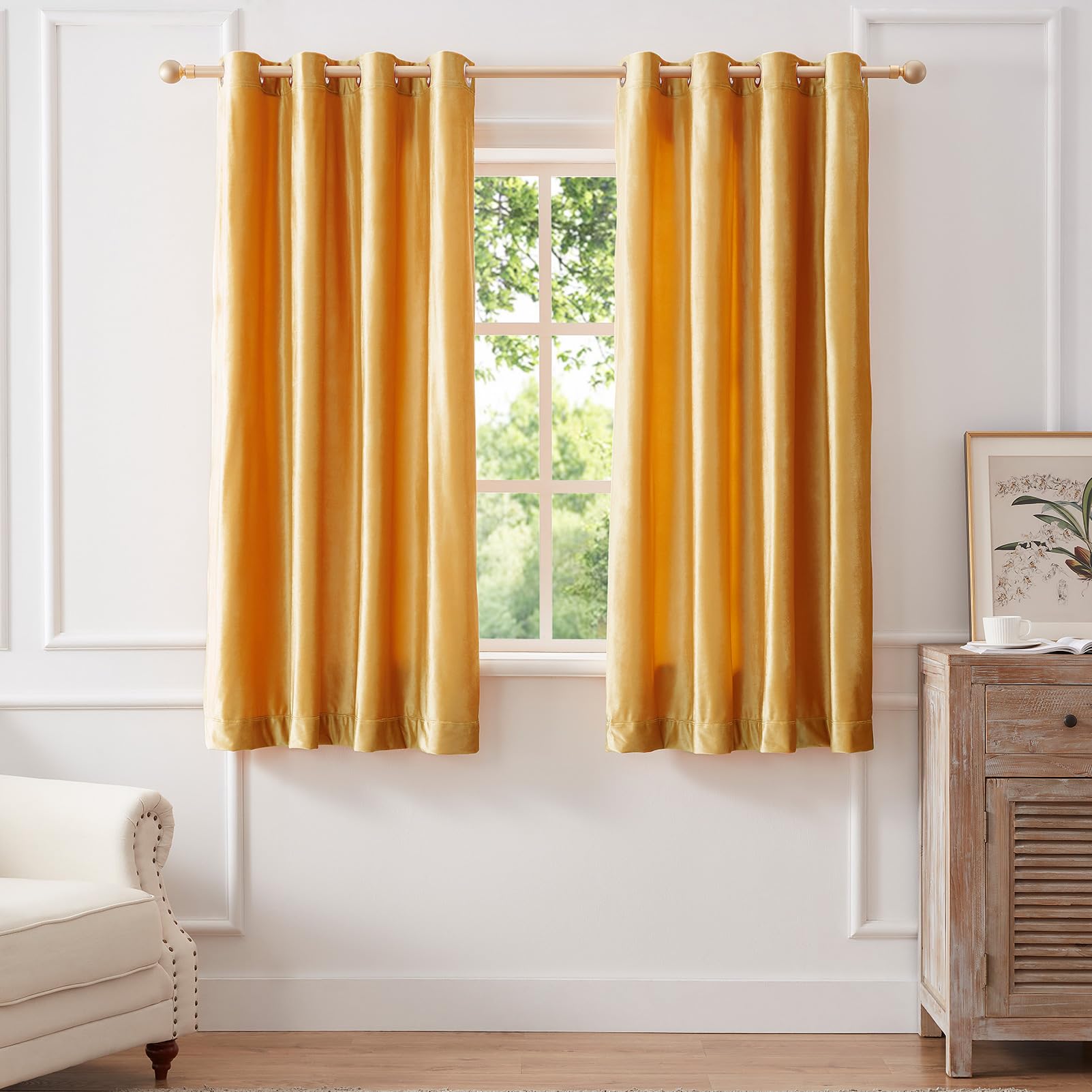 Bulbul Velvet Curtains 63 Inch Length For Living Room Modern Mustard Yellow Window Drapes Darkening Grommet Curtains For Bedroom