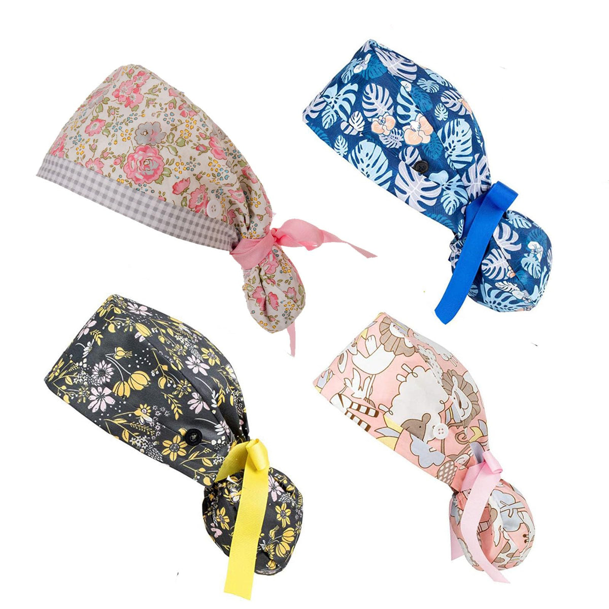 Nursing Caps for Women Hair Covers Scrub Cap Ponytail Working Cap with Buttons and Ribbon Tie for Women Long Hair