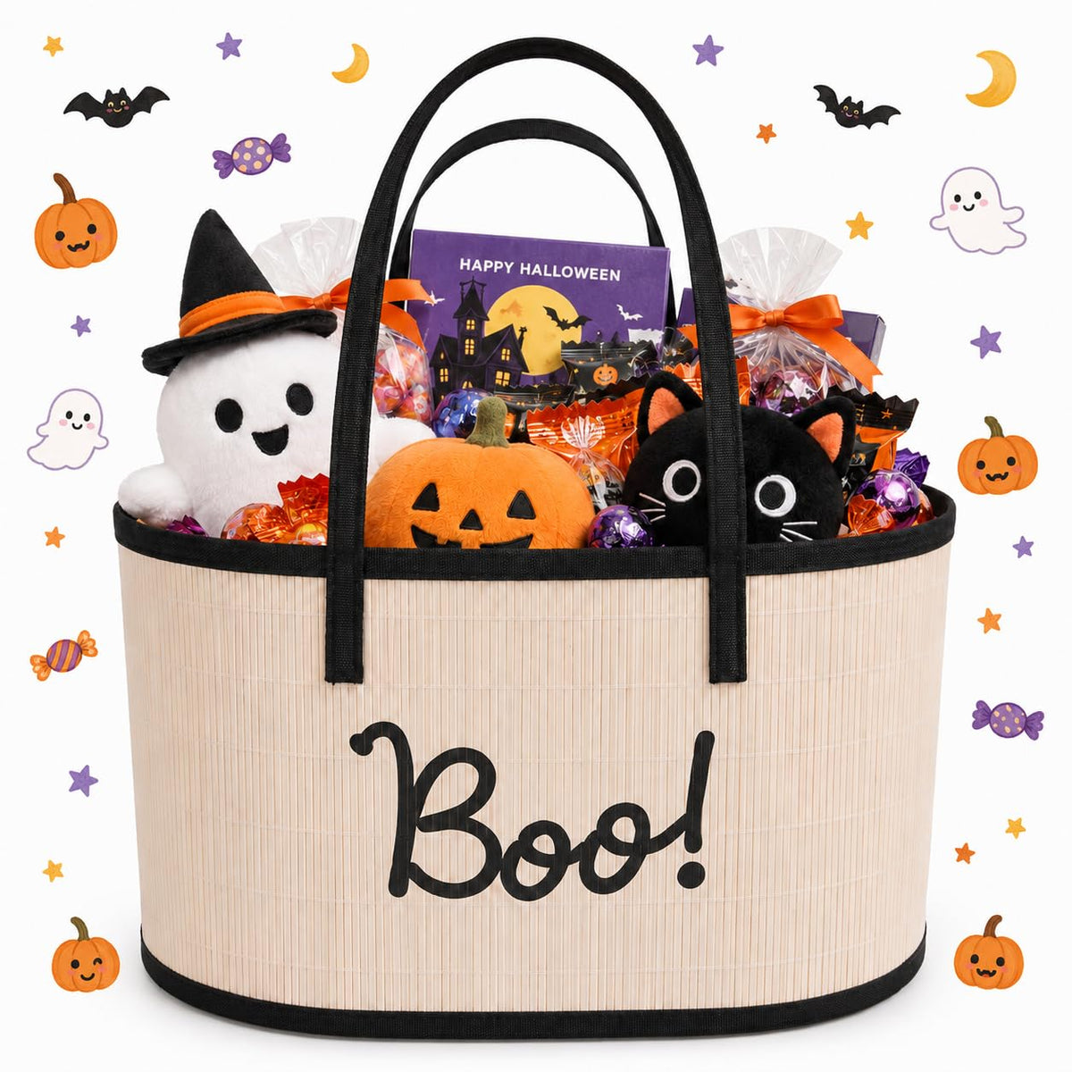 Halloween Boo Gift Basket Empty  Foldable Bamboo Woven Basket Decor Black