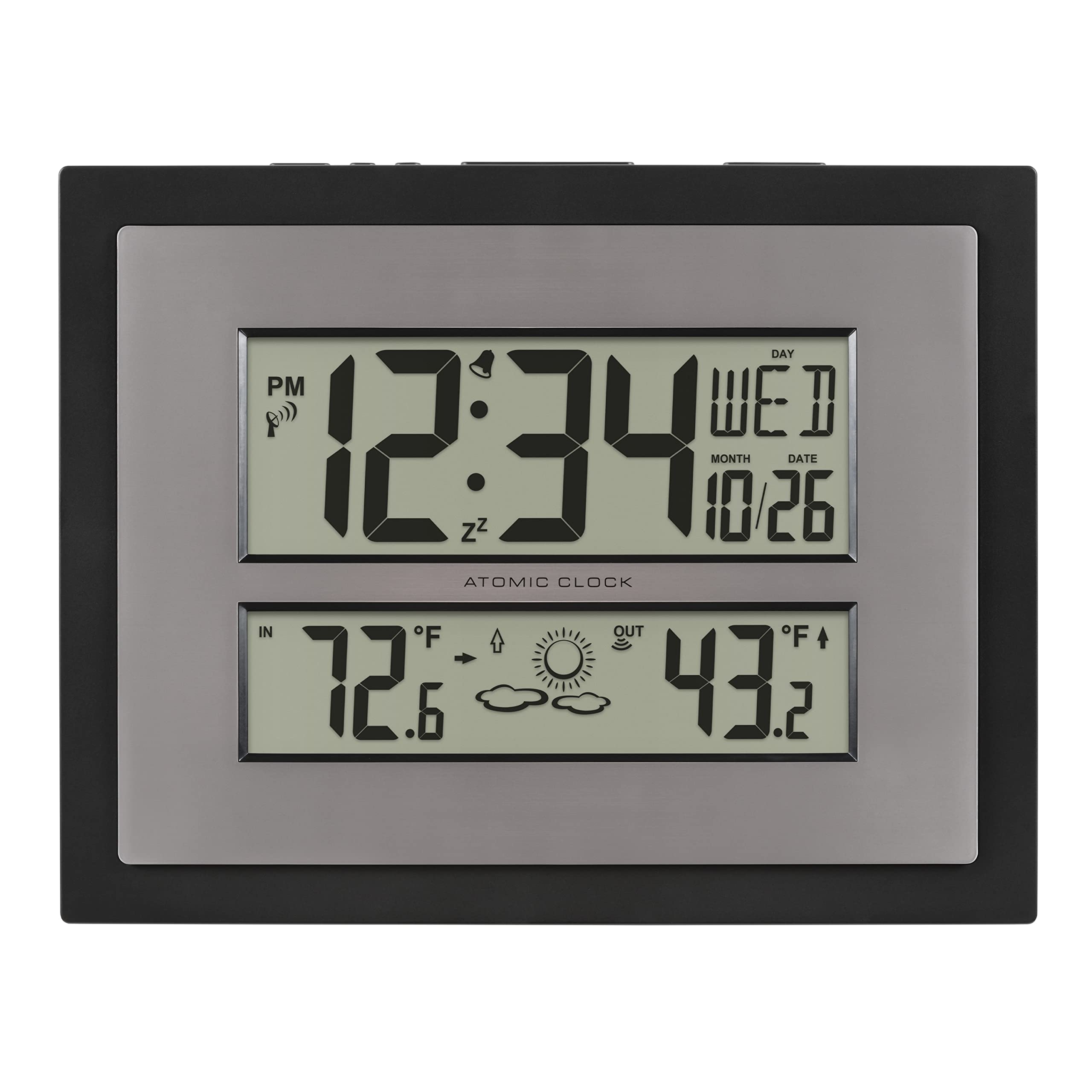 La Crosse Technology 512-85937-INT Atomic Digital Wall Clock with Temperature & Forecast in Gray/Silver