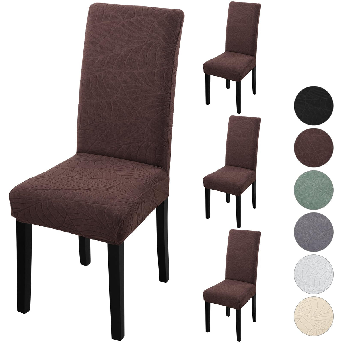 Fuloon Chair Covers For Dining Room 4 Pack, Solid Stretch Dining Chair Covers, Washable Kitchen Slip Covers, Jacquard Parson Chair Covers Set Of 4(Leaf Jacquard Brown, 4 Pack)