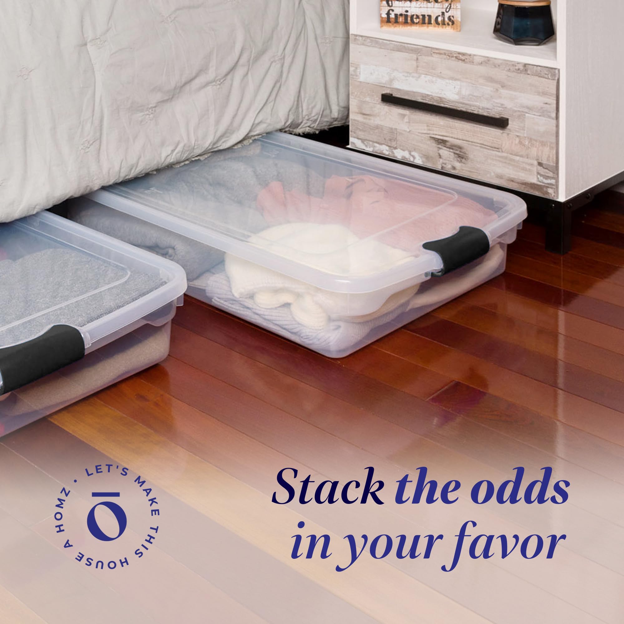 Homz 60 Quart Multipurpose Slim Under Bed Storage Container Bins W/Secure Latch Lid & Wheels For Underbed, Home Or Office Organi