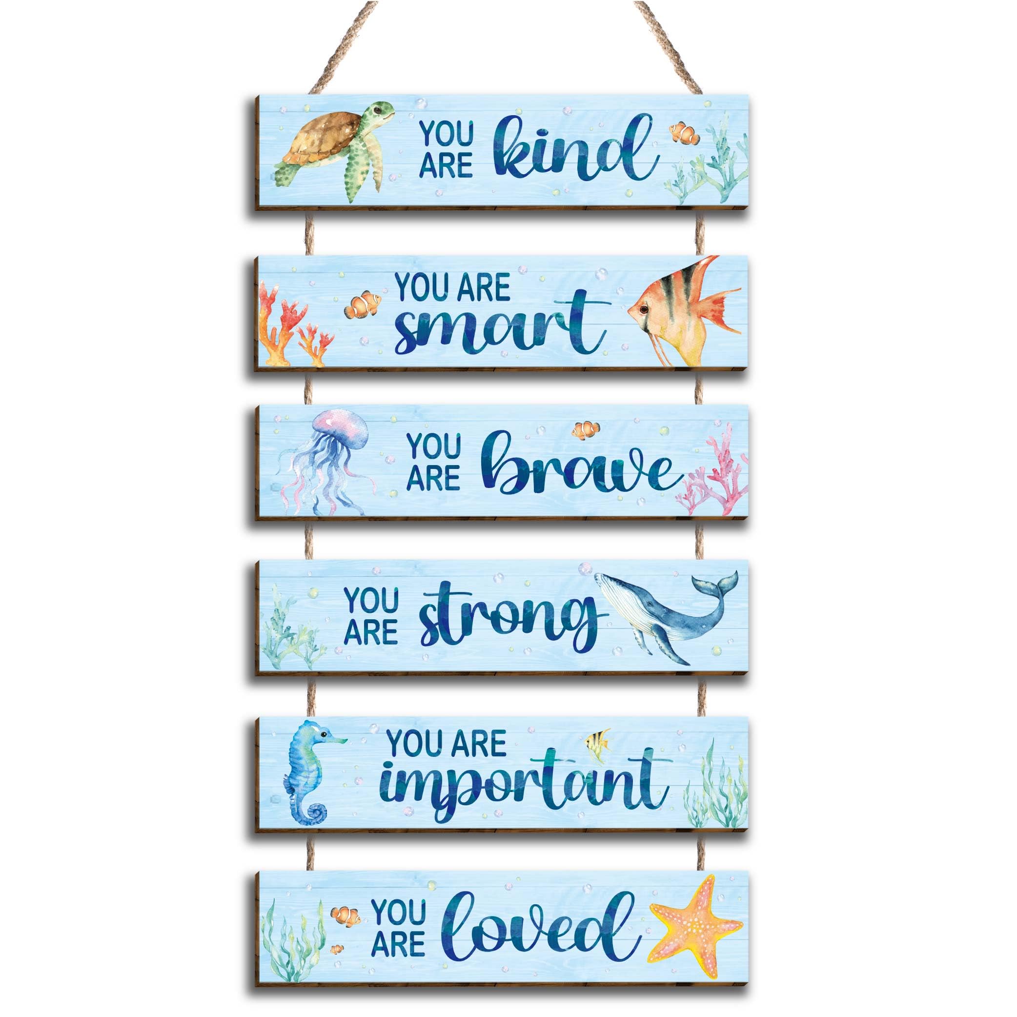 Kadiak 6 Pcs Ocean Decor Kids Room Decor Plaque Sign, Watercolor Ocean Inspirational Positive Quotes Wall Art Decor Hanging Sign