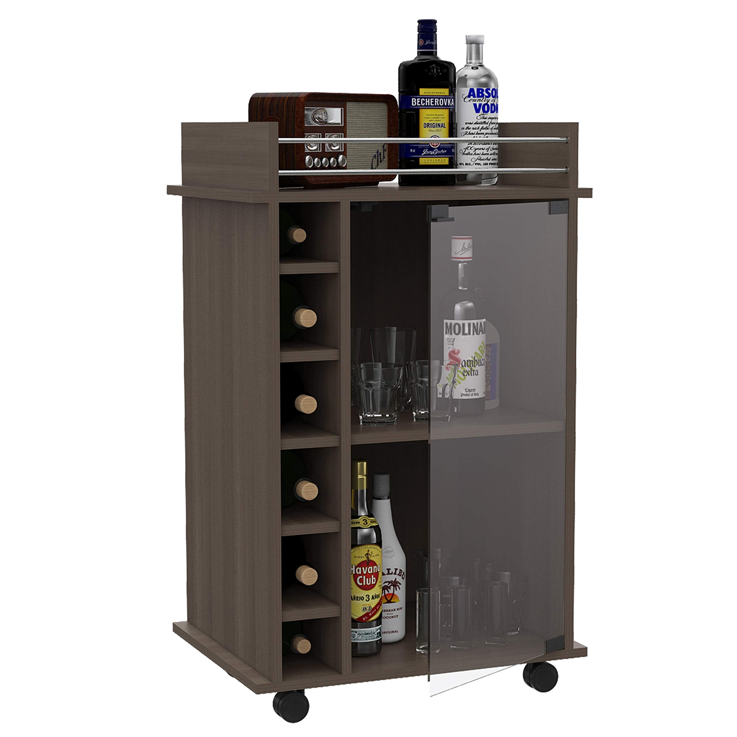 DEPOT E-SHOP Huali Bar Cart with Six Built-in Wine Rack, Glass Door, Four Casters, and Two Shelves, 35&quot; H, Smokey Oak, Living Room