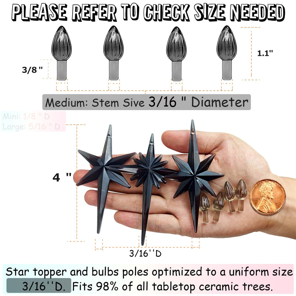 Ceramic Christmas Tree Replacement Lights Bulbs, Black Gray Medium Twist Plastics Pegs Ornaments For Ceramic Tree(87 Bulbs& 3 To