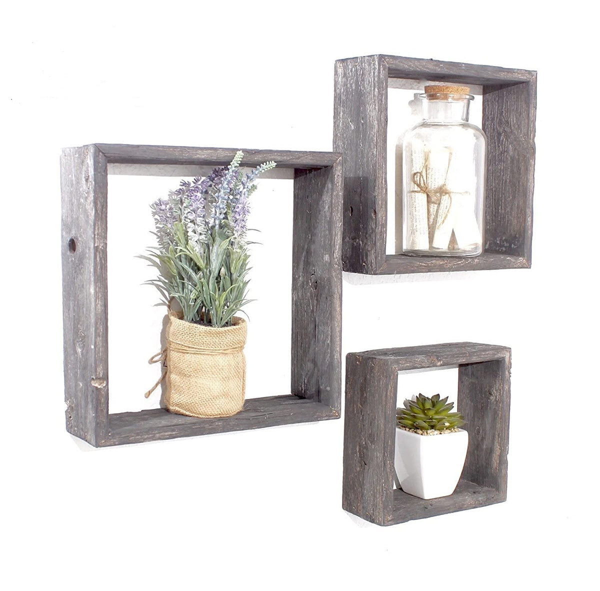 HomeRoots Set of 3 Square Smoky Black Reclaimed Wood Open Box Shelve