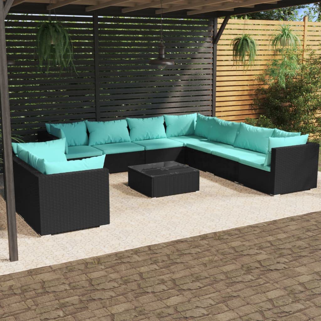 vidaXL Black Poly Rattan 10 Piece Patio Lounge Set - Outdoor Furniture with Water-Resistant Cushions - Modular Design for Maximum Flexibility - Lightweight & Durable Construction - Includes Table ...