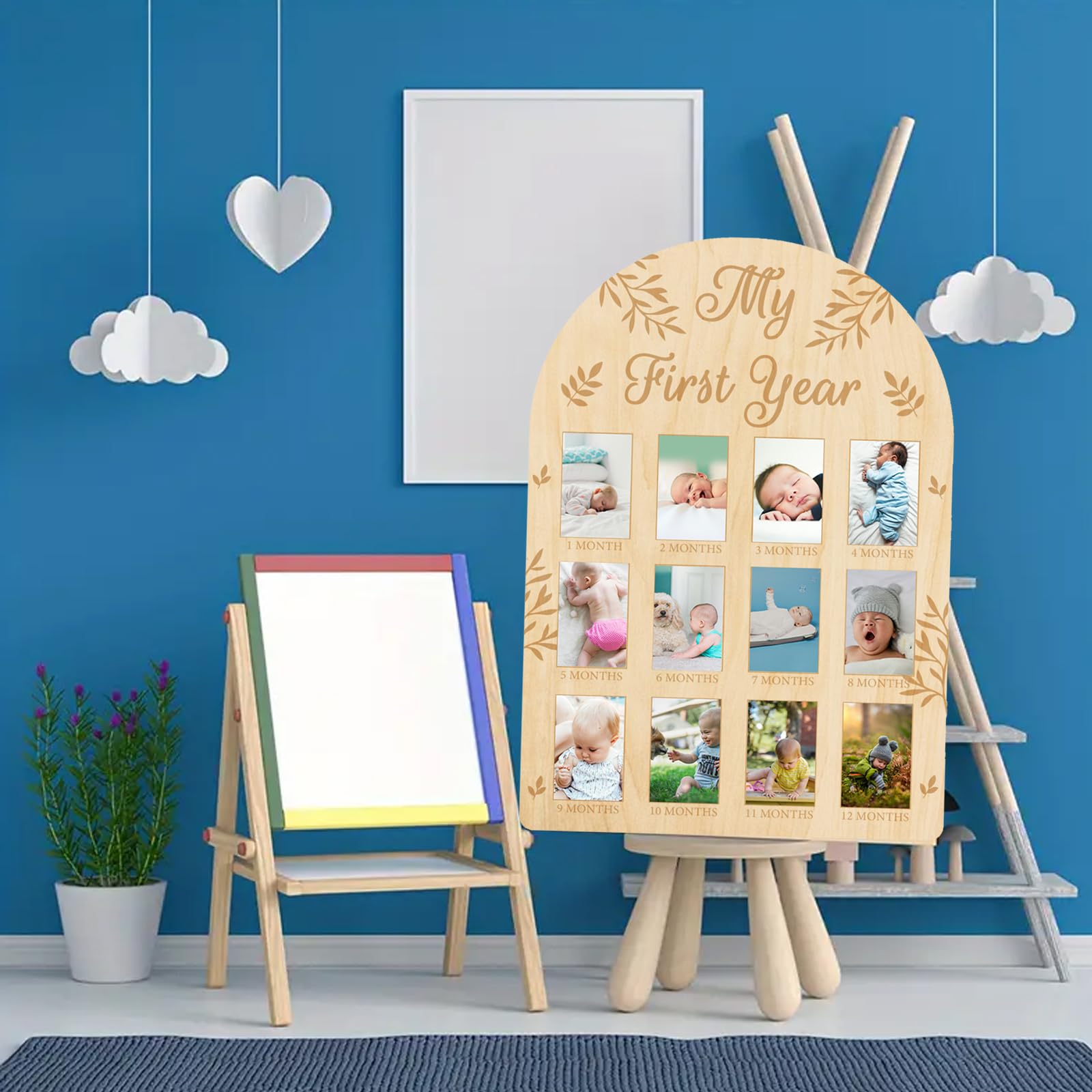 Origach My First Year Baby Growth Photo Display Wood Board - 12 Months Newborn Milestones Picture Frame - Neutral Baby Keepsake