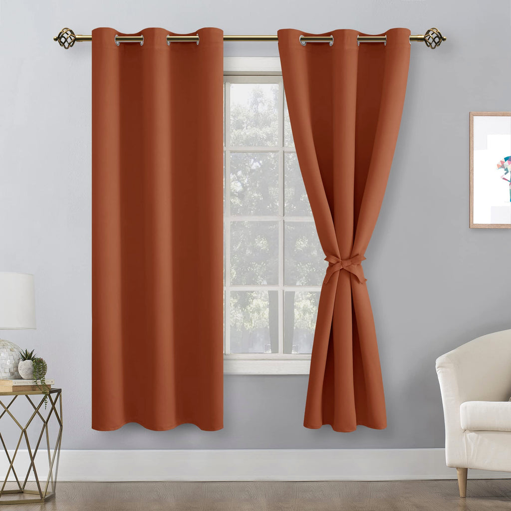 Hiasan Fall Blackout Curtains For Bedroom, 38 X 63 Inches Length - Thermal Insulated & Light Blocking Window Curtains For Living Room Home Decor, 2 Drape Panels Sewn With Tiebacks, Burnt Ochre