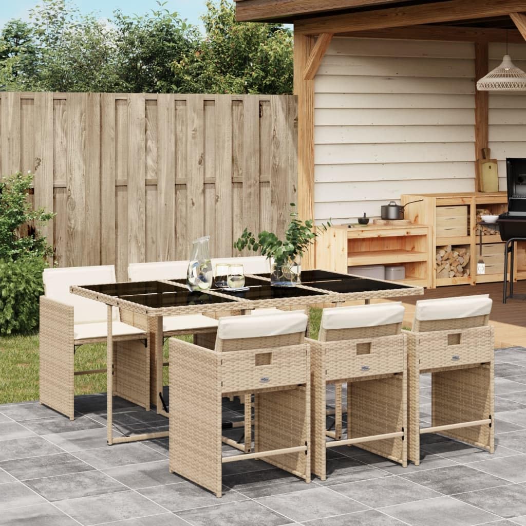 vidaXL Patio Dining Set with Cushions - 7 Piece Beige Poly Rattan Outdoor Garden Furniture