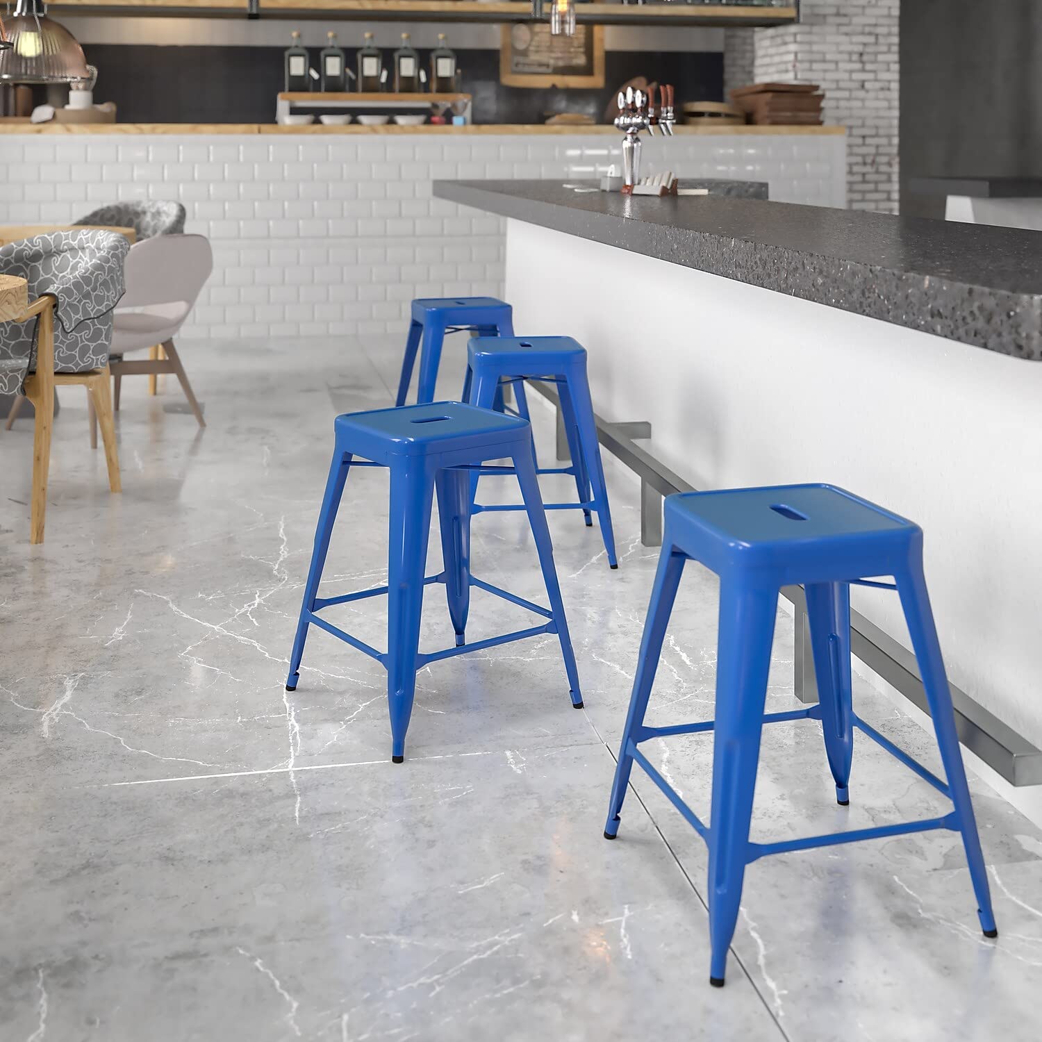 Flash Furniture Kai Commercial Grade 24' High Backless Blue Metal Indoor-Outdoor Counter Height Stool With Square Seat