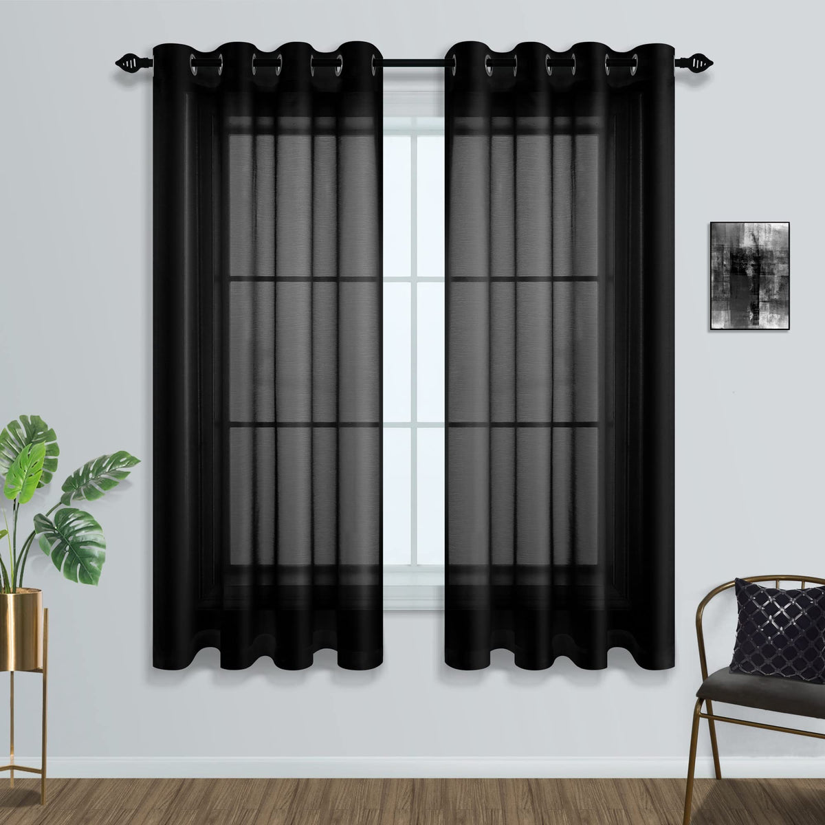 Black Sheer Curtains 45 Inches Long For Kitchen Bedroom Basement Window 2 Panels Grommet Faux Linen Semi Translucent Short Curta