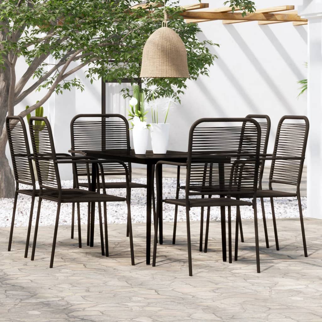 vidaXL Modern 7 Piece Black Patio Dining Set - Steel Frame with Twined Cotton Rope - Includes Table with Glass Top and Six Chairs