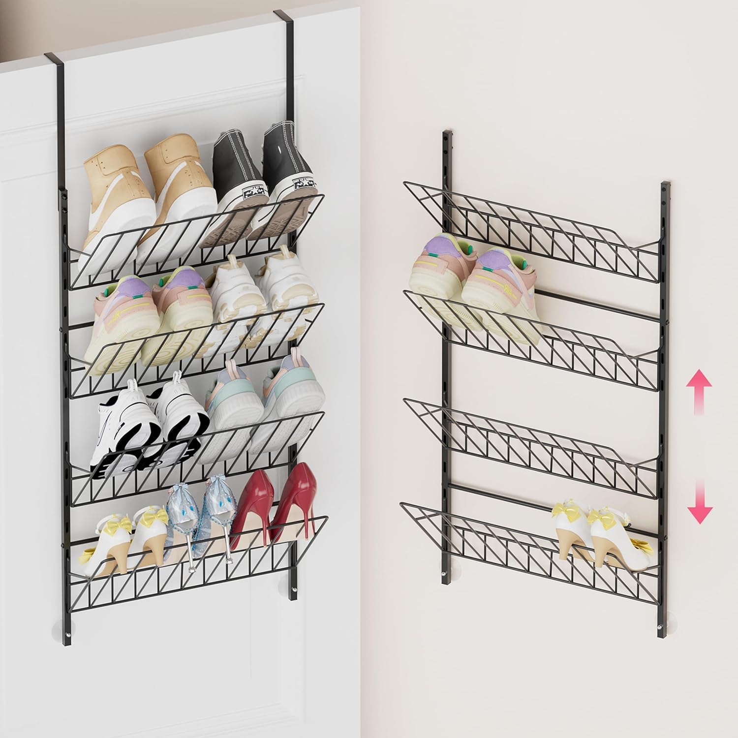 Tisany Over The Door Shoe Organiser, Adjustable 4 Tier Hanging Rack, Metal Heavy Duty, Wall Mount Storage Shelf For Flats, Heels