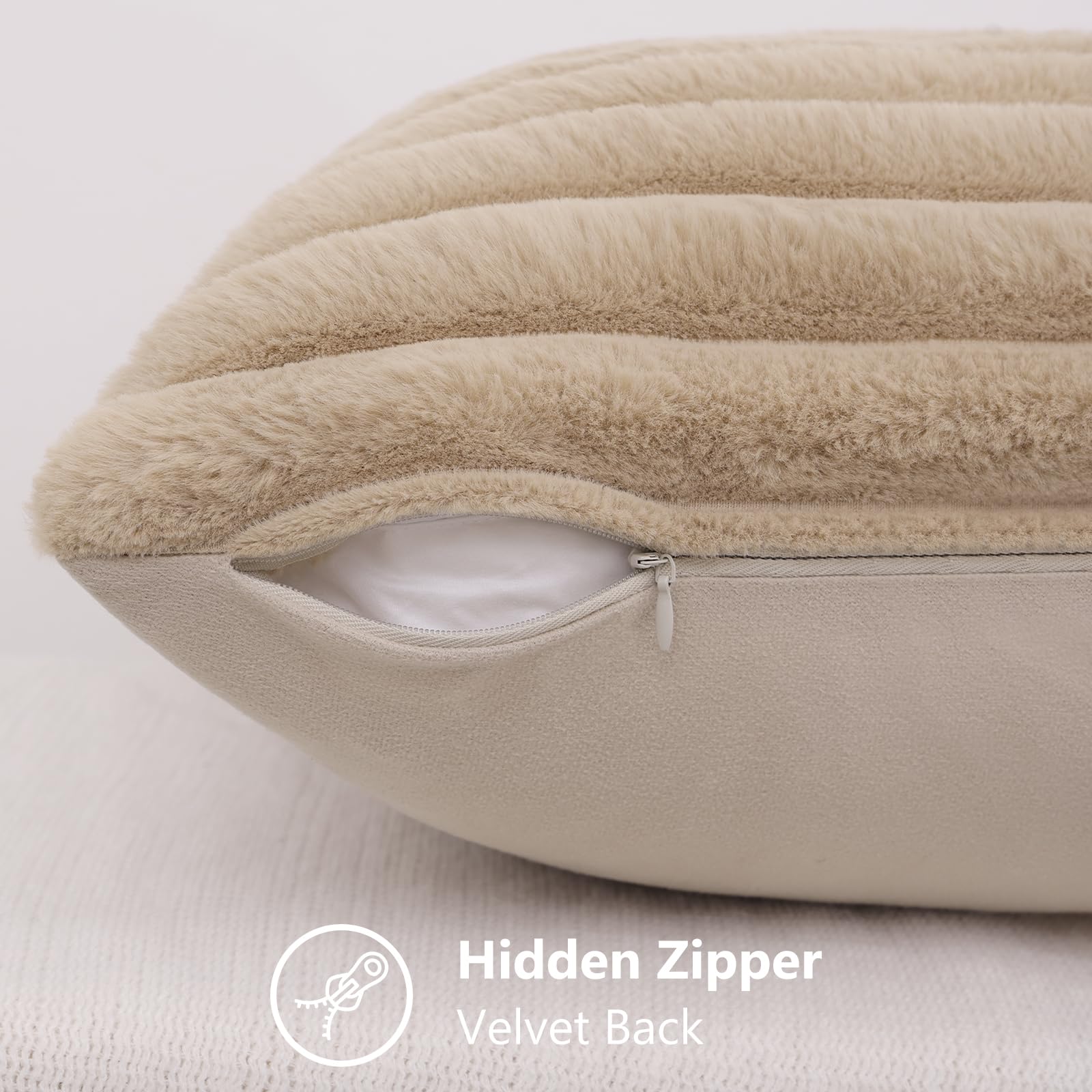 Decoruhome Faux Fur Throw Pillow Covers 20X20 Set Of 2, Decorative Soft Plush Striped Couch Pillow Covers With Velvet Back For Sofa, Bed, Living Room, Khaki