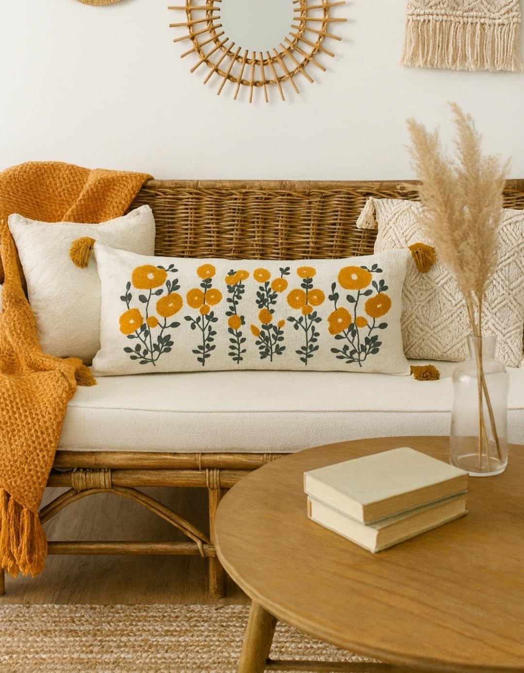Jutiepie Cotton Cushion Cover | 14X36 Inch Beige And Yellow Handloom With Tassels | Rectangular Pillow Cover For Sofa, Diwan, Li