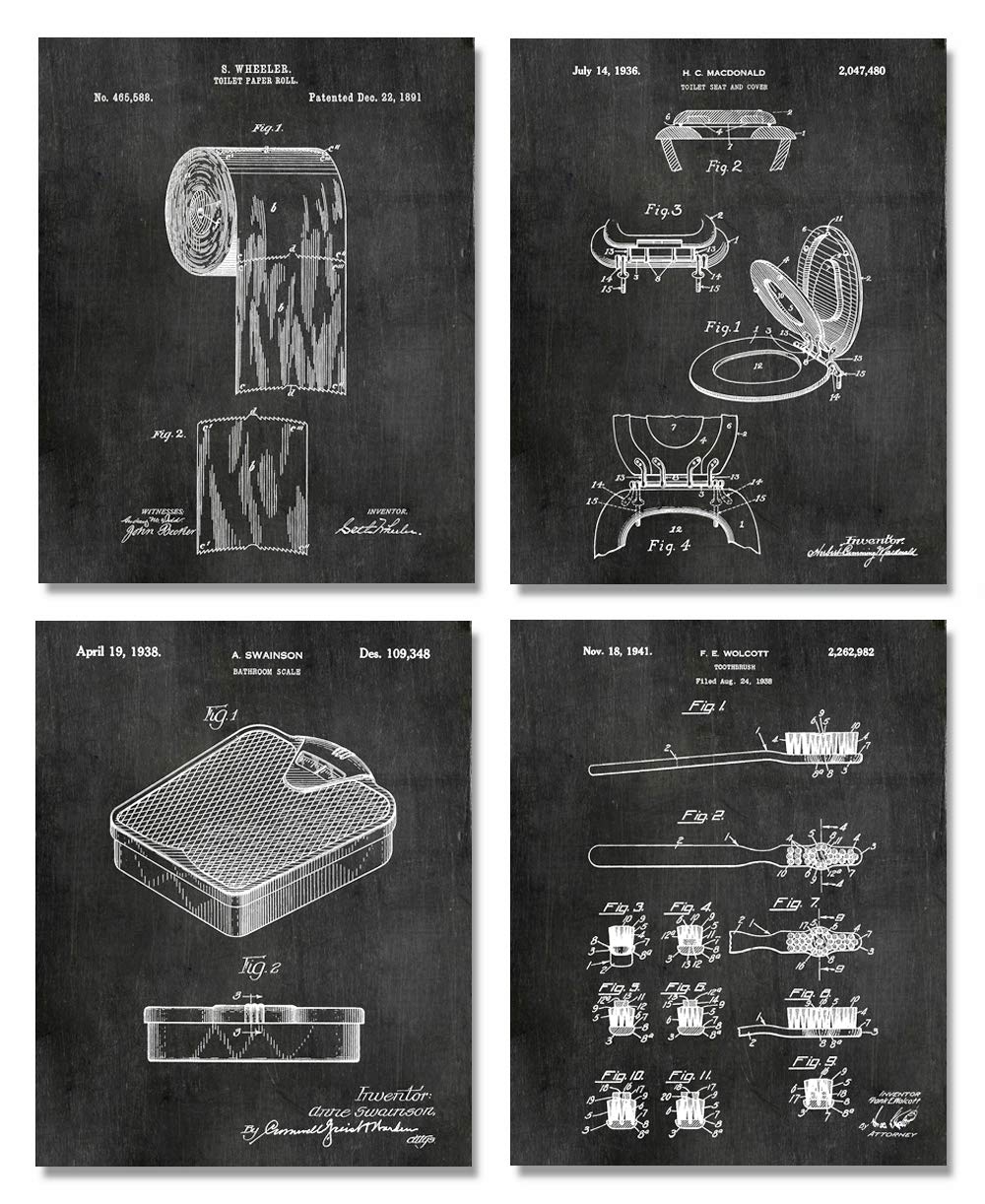Bathroom Decor Wall Art - Set of 4 Prints -8x10 inches UNFRAMED- Toilet Paper Patent Pending Bathroom Decor - Black White Aesthe