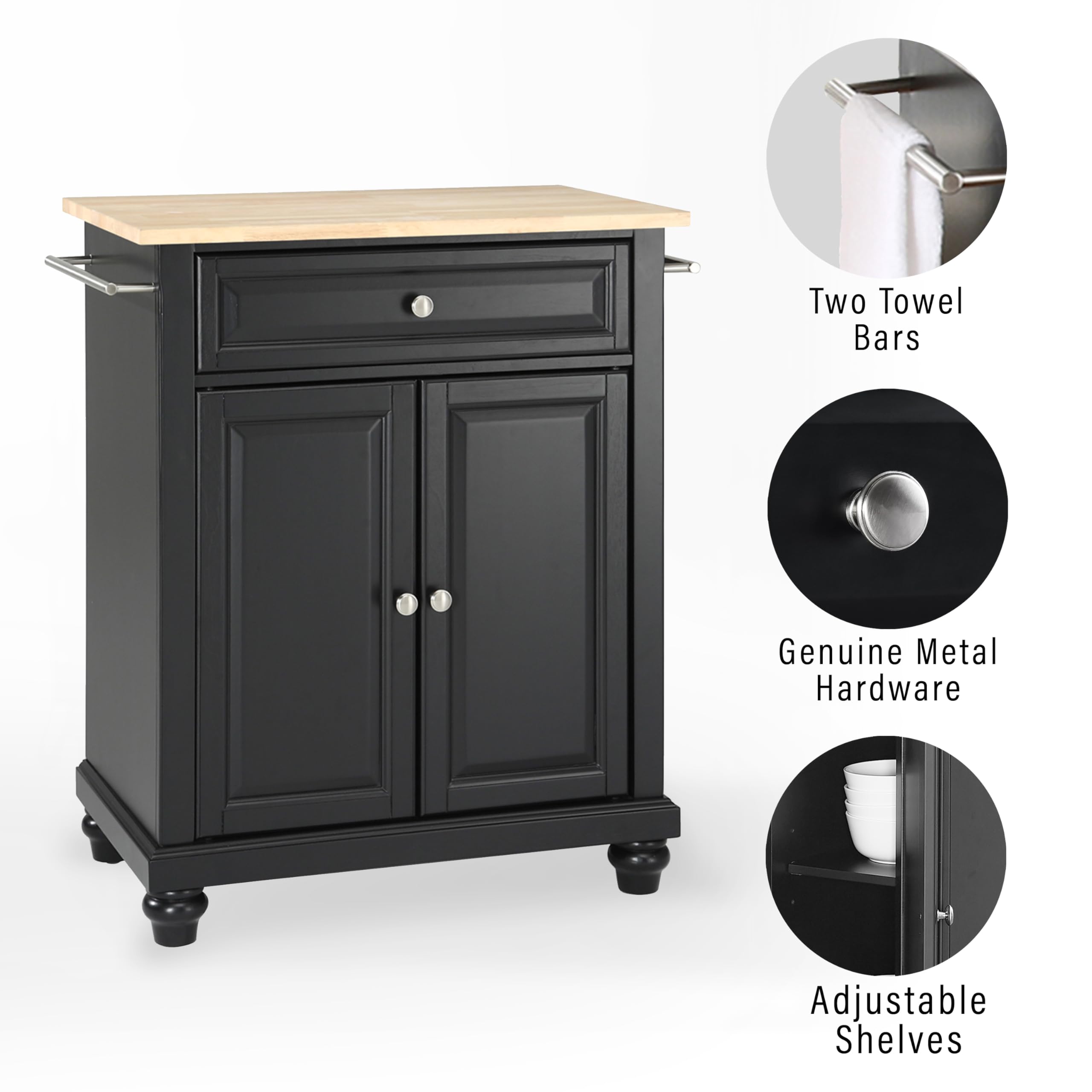 Crosley Furniture Cambridge Wood Top Small Portable Rolling Kitchen Island Storage Cart, Microwave Stand, Black